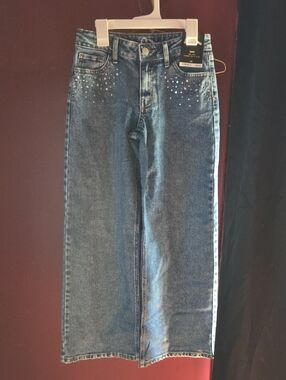 Blue Girls Straight-Leg Jeans with Embellished Front
